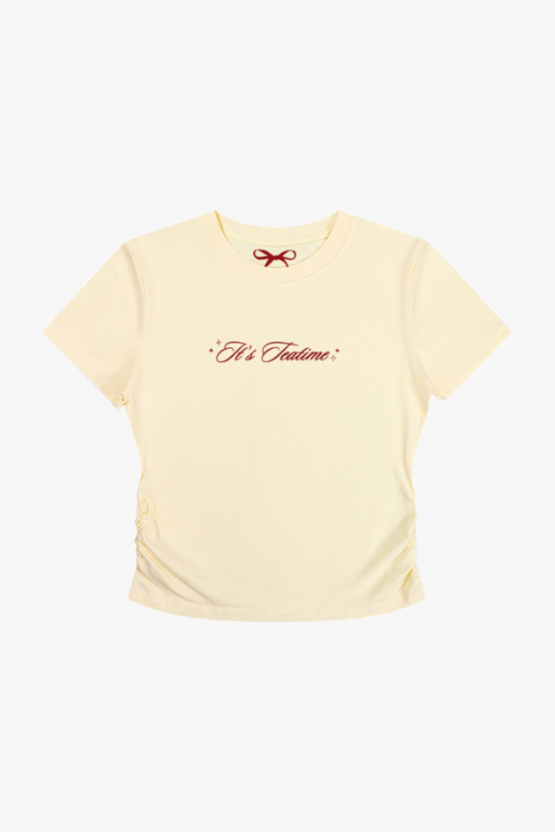 Amalgam Graphic Tease Baby Tee with design It's Teatime and baby tee in Pastel Yellow, part of a sweet in between collection.