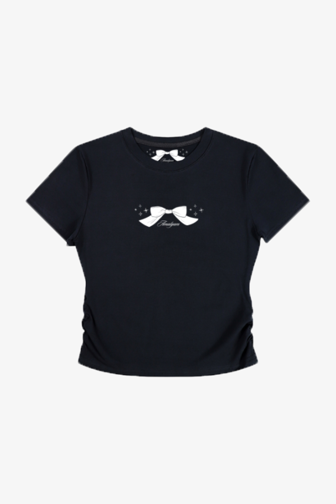 Amalgam Black Chic Baby Tee with White coquette bow design on it