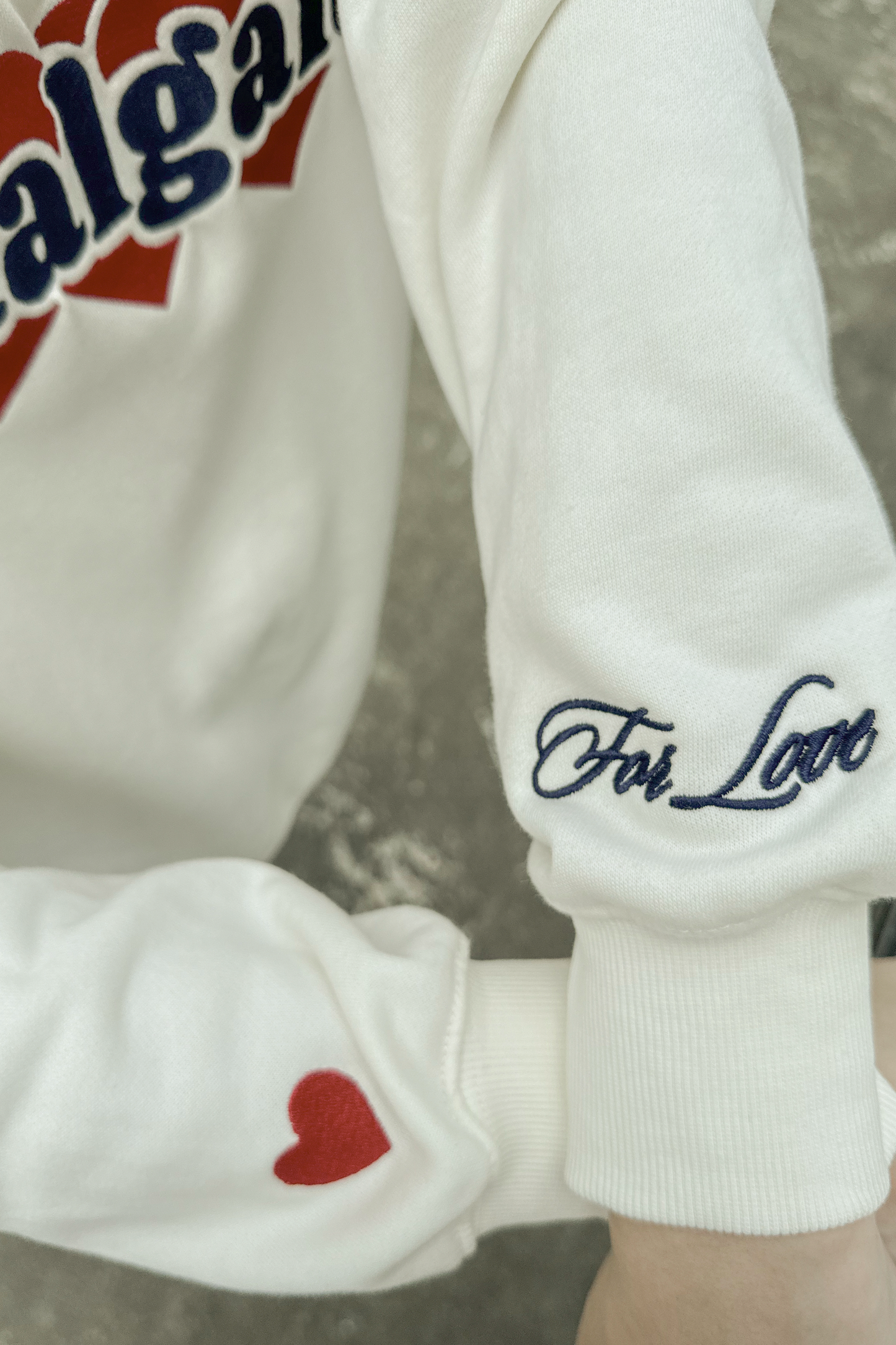 White Graphic Embroidery Quarter Zip up French Terry Cotton Sweater Sleeve Details Heart Embroidery Graphic
