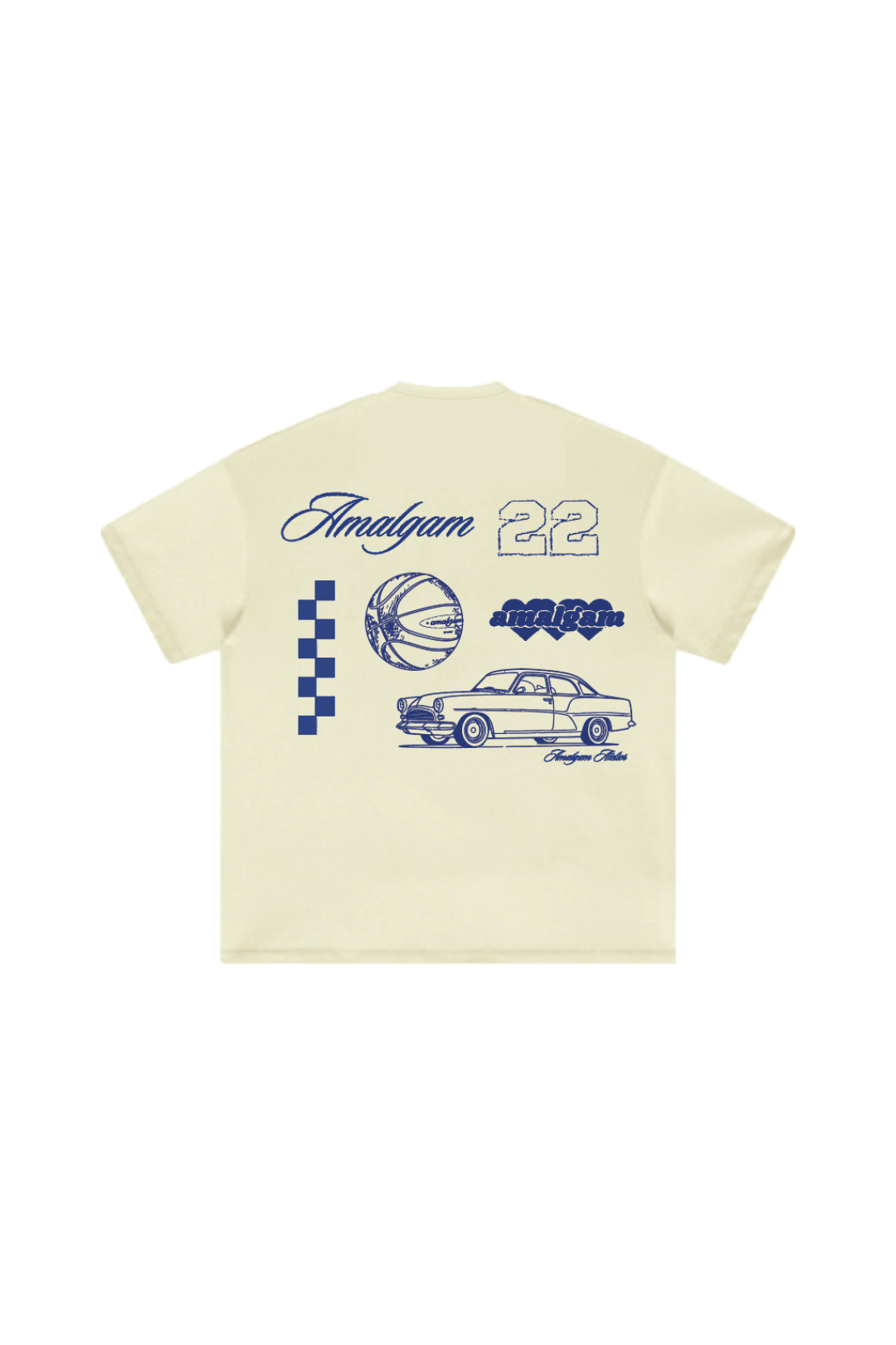 Amalgam moodboard oversized graphic cotton tee with racing and retro elements comfortable in pale yellow and blue words