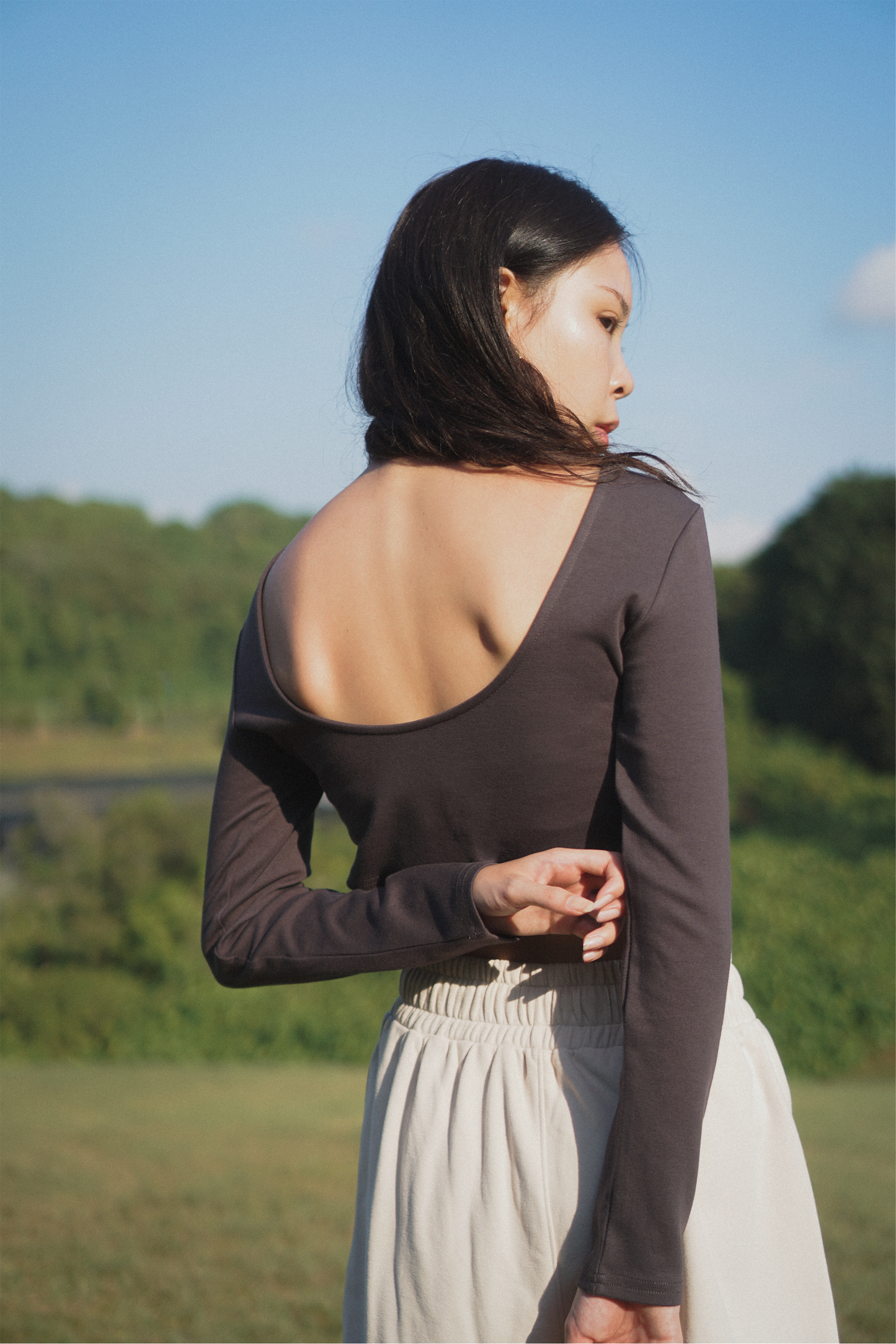 pinterest scoop back long sleeve top
Amalgam Charcoal grey cotton curve back bare back casual wear crop top