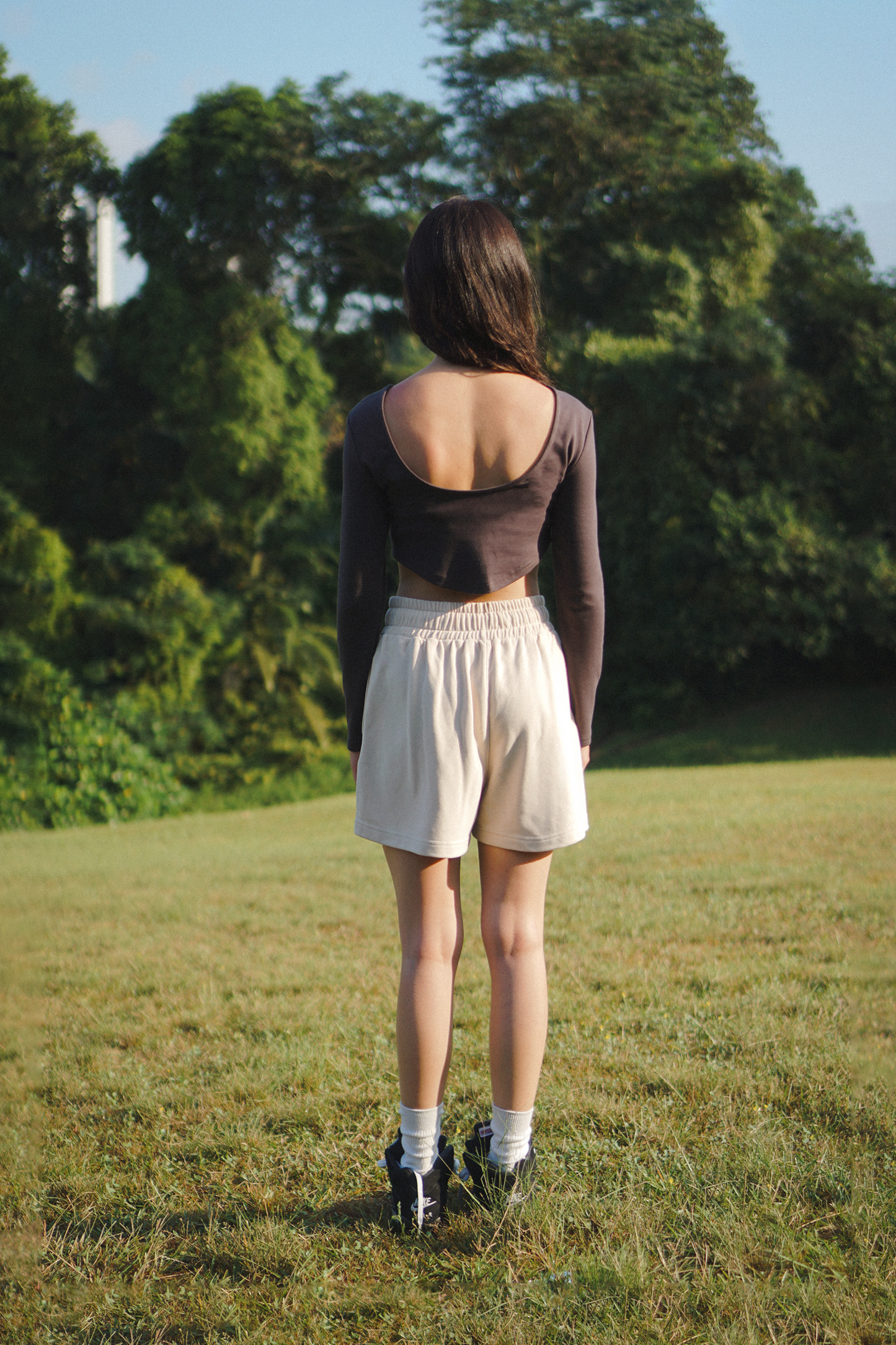 Amalgam Charcoal grey cotton curve back bare back casual wear crop top with sweat shorts in porcelain pink panelling soft and everyday comfort