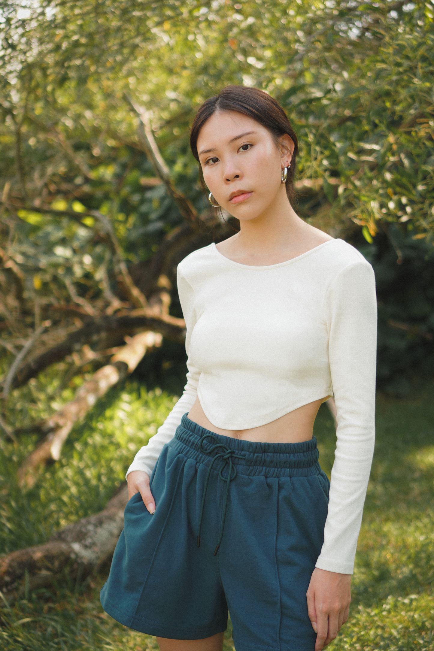 Amalgam Ivory long sleeve cotton scoop back curve front and back bare back design detail crop top and teal green comfortable cotton Sweat Shorts for everyday casual comfort fitted teal green