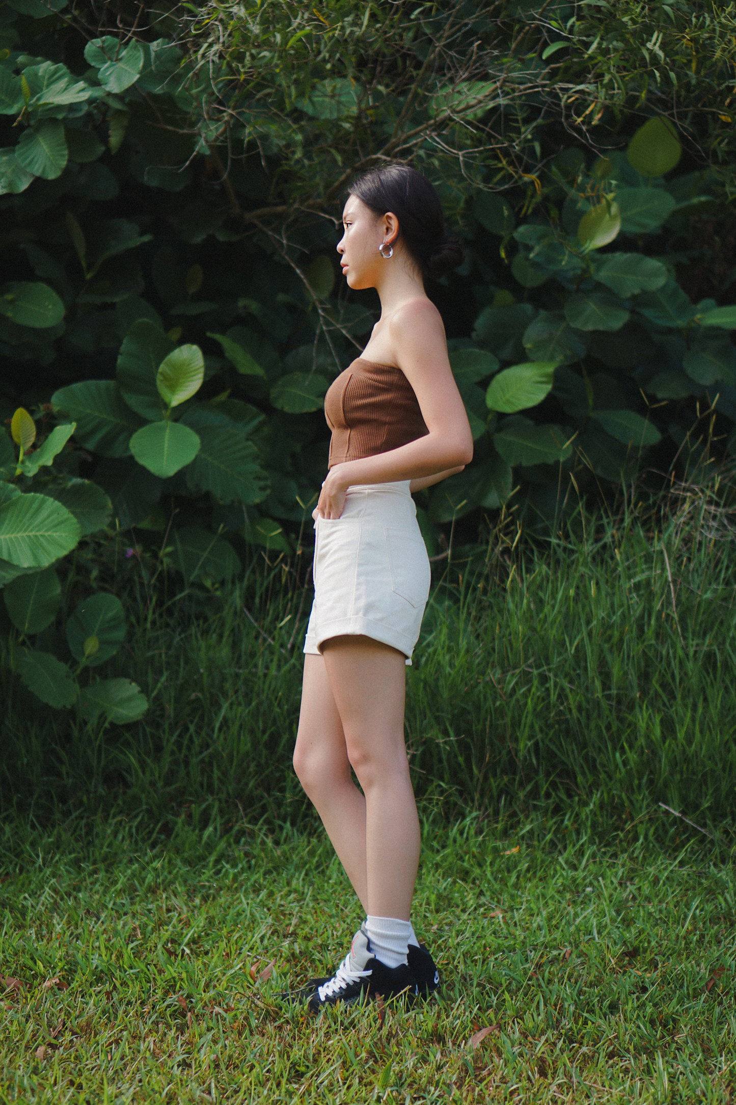 walnut brown Curve Back design Tube Top panelled design comfortable cotton chic with tailored shorts in pearl white colour fitted perfectly for casual everyday female outfit made from cotton and structure for fitted look