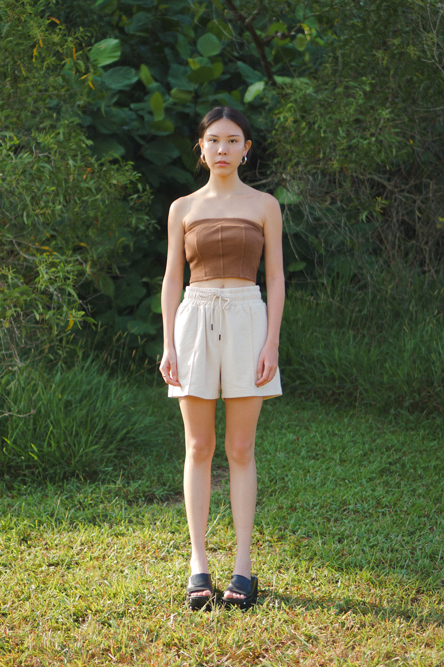 Amalgam walnut curve back tube top with panelling design for more flattering fit with sweat shorts in porcelain pink beige and panelling for a nicer fit and comfortable cotton material