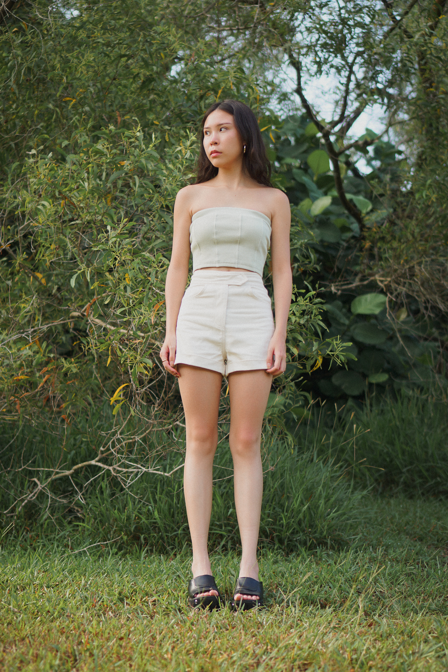 Amalgam cotton Sage Curve Back design Tube Top panelled design comfortable cotton chic Sage Curve Back design Tube Top panelled design comfortable cotton chic with tailored shorts in pearl white colour fitted perfectly for casual everyday female outfit