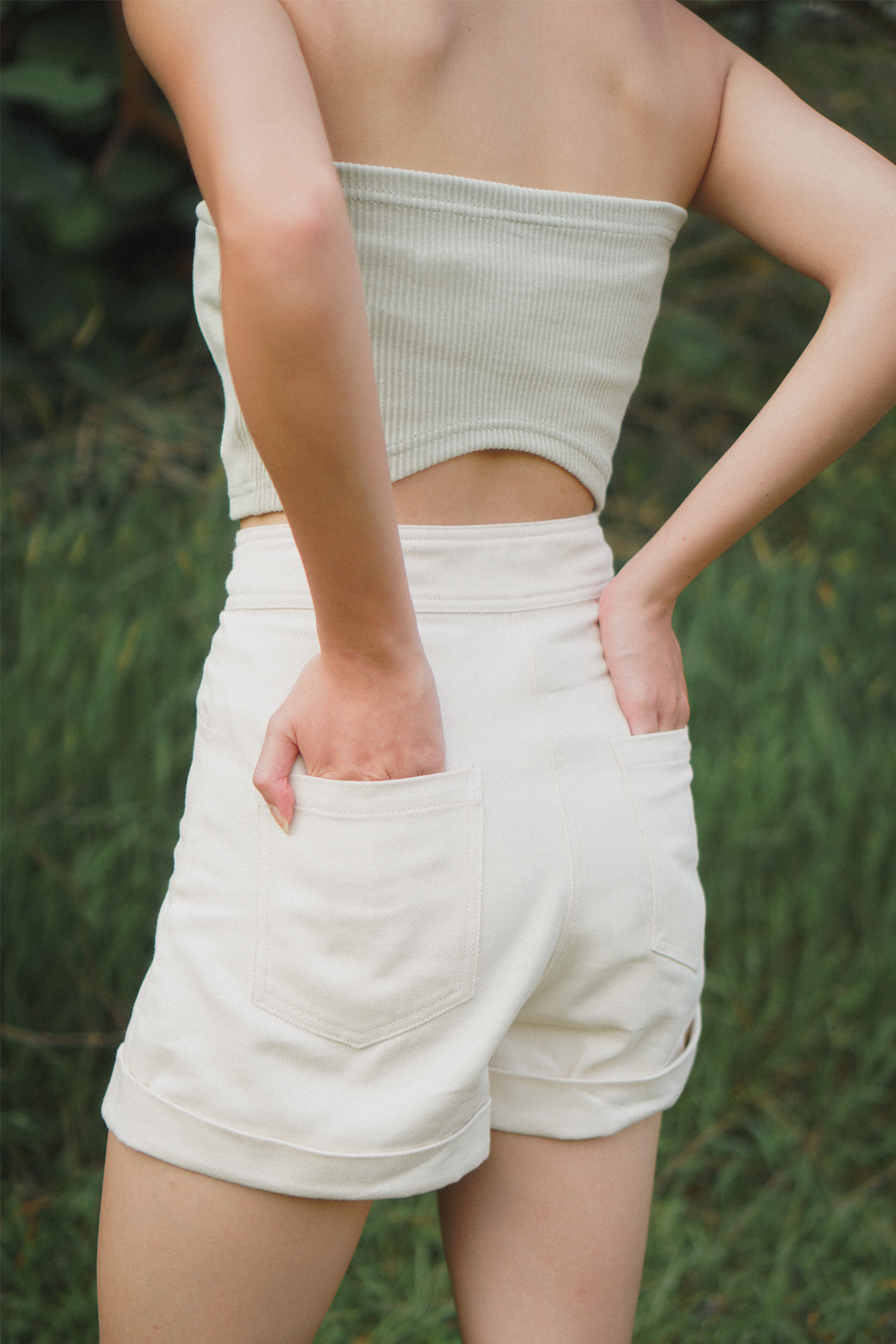 Sage Curve Back design Tube Top panelled design comfortable cotton chic with tailored shorts in pearl white colour fitted perfectly for casual everyday female outfit pocket details structured shorts
