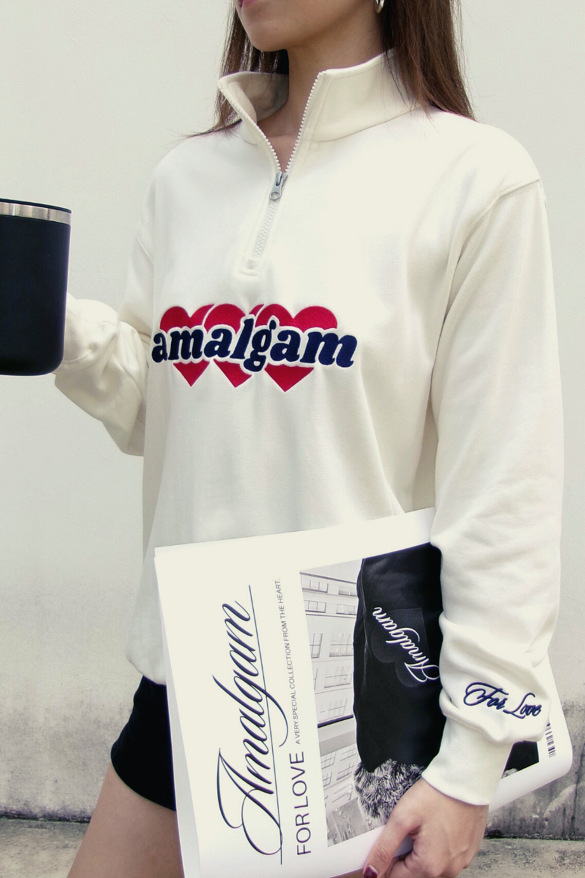 White Graphic Embroidery Quarter Zip up French Terry Cotton Sweater Embroidery Heart For love
