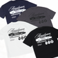 Four t-shirts with 'Amalgam' branding and car graphics on a white background Navy Charcoal White Black Graphic Tee Cars Overdrive Tee Amalgam Amalgam.store
