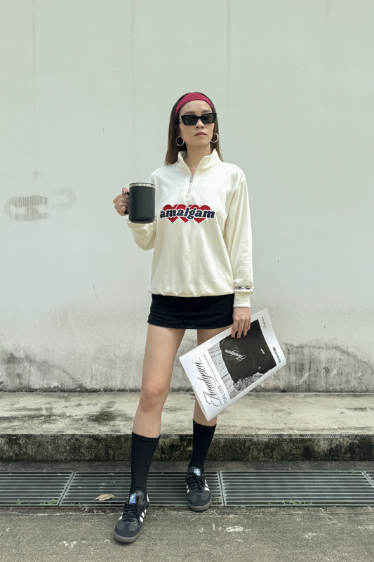 Amalgam White Graphic Embroidery Quarter Zip up French Terry Cotton Sweater