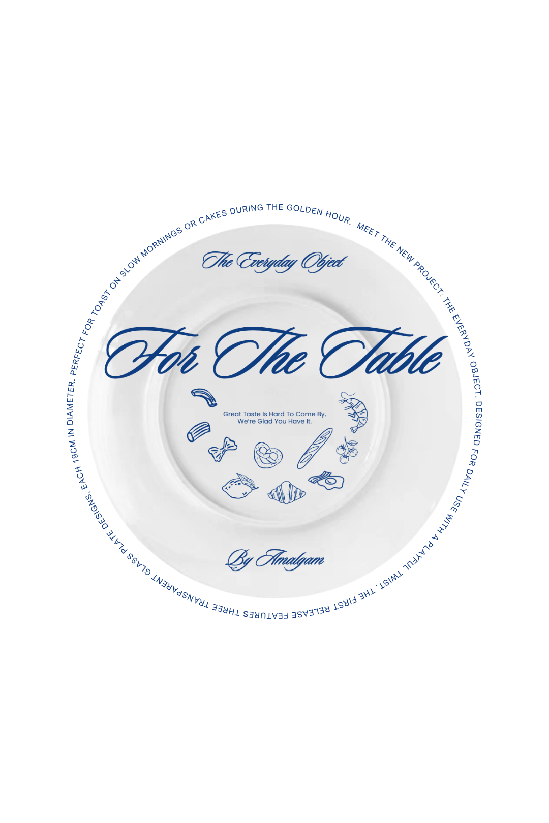 glass plates from singapore local brand in blue design, the everyday object. quirky doodle of food for the table transparent plates in 19 cm