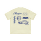 Amalgam moodboard oversized graphic cotton tee with racing and retro elements comfortable in pale yellow and blue words
