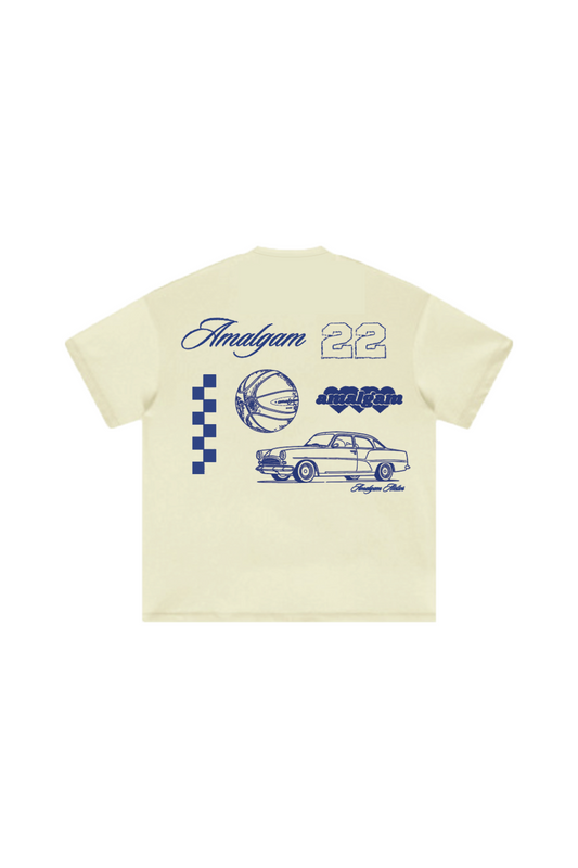 Amalgam moodboard oversized graphic cotton tee with racing and retro elements comfortable in pale yellow and blue words