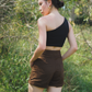 Amalgam Black toga top soft fabric atheleisure look with brown chocolate tailored shorts made from cotton for everyday wear fitted casual and structured with pockets and buttton loops as well as hook and pockets