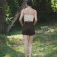 Amalgam bisque curve back tube with panelled design in the front and curve up design on the back of tube flattering but fitting to make you look skinnier sizes runs bigger with brown chocolate tailored shorts made from cotton for everyday wear fitted casual and structured with pockets and buttton loops as well as hook and pockets