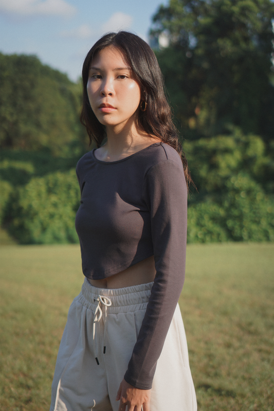 Amalgam grey curve crop top with bare back detail and sweat shorts in porcelain pink beige