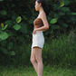 walnut brown Curve Back design Tube Top panelled design comfortable cotton chic with tailored shorts in pearl white colour fitted perfectly for casual everyday female outfit made from cotton and structure for fitted look