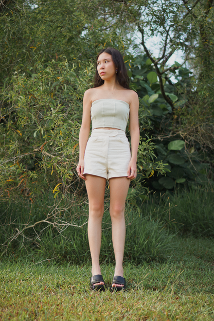 Amalgam cotton Sage Curve Back design Tube Top panelled design comfortable cotton chic Sage Curve Back design Tube Top panelled design comfortable cotton chic with tailored shorts in pearl white colour fitted perfectly for casual everyday female outfit