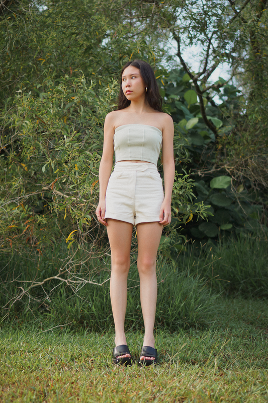 Amalgam cotton Sage Curve Back design Tube Top panelled design comfortable cotton chic Sage Curve Back design Tube Top panelled design comfortable cotton chic with tailored shorts in pearl white colour fitted perfectly for casual everyday female outfit