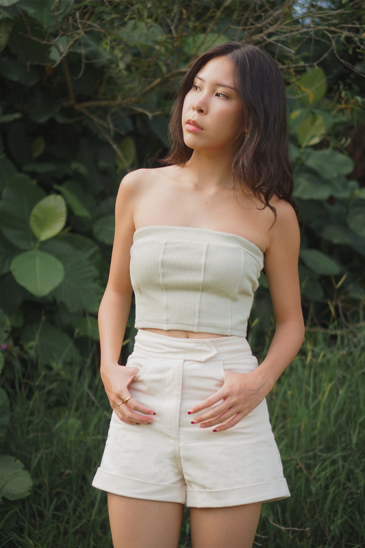 Sage Curve Back design Tube Top panelled design comfortable cotton chic with tailored shorts in pearl white colour fitted perfectly for casual everyday female outfit twill white colour made of cotton