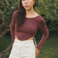 scoop burnt long sleeve top with white pearly tailored pants twill cotton made with structure and to fit. come with pockets and perfect fit foreveryday look.