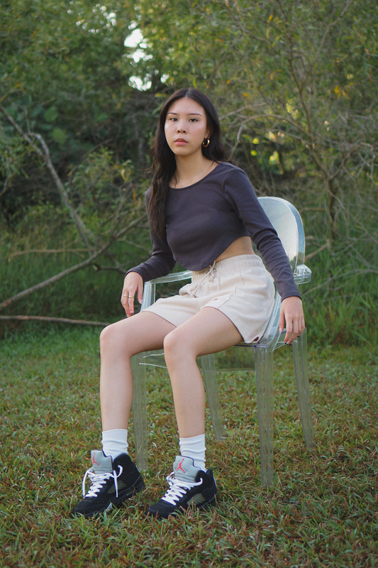 Amalgam charcoal grey bare back crop curve top with porcelain pink sweat shorts panelled for elevated comfort look pintrest casual look